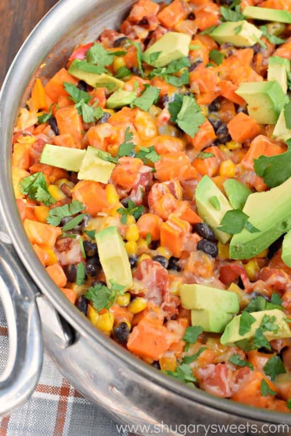 This easy, weeknight Sweet Potato Tex Mex Skillet is delicious and hearty. Perfect for meatless Mondays, and you can leave out the cheese for a vegan dinner idea!