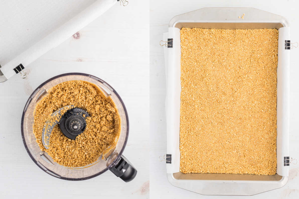 Crushed graham crackers in a food processor beside a baking tray lined with parchment and pressed crumbs—perfect for making oatmeal raisin cookie cheesecake bars.