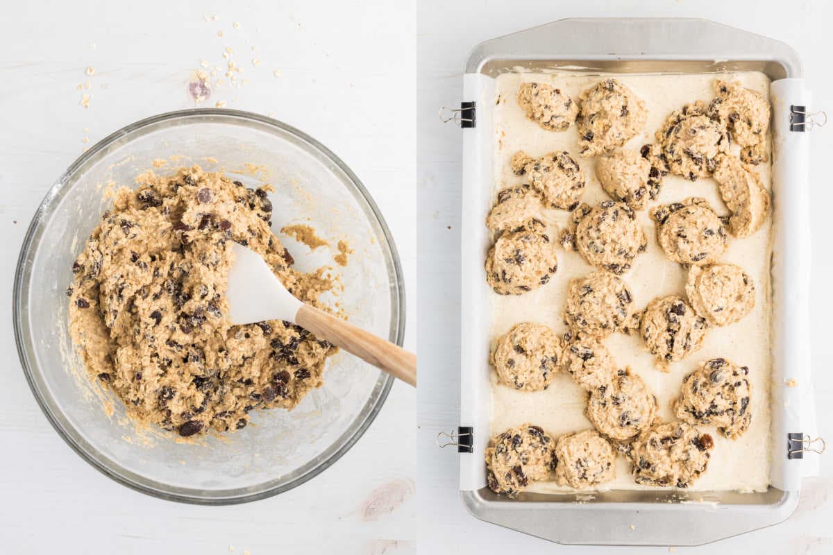 Oatmeal raisin cookie cheesecake bars are prepared, with their dough in a glass bowl and scooped onto a parchment-lined baking pan, ready to bake.