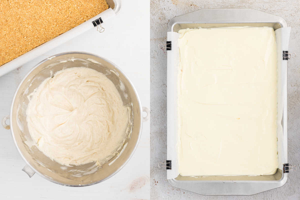 Left: bowl of creamy oatmeal raisin cookie cheesecake bar batter; Right: batter spread evenly in a parchment-lined pan.