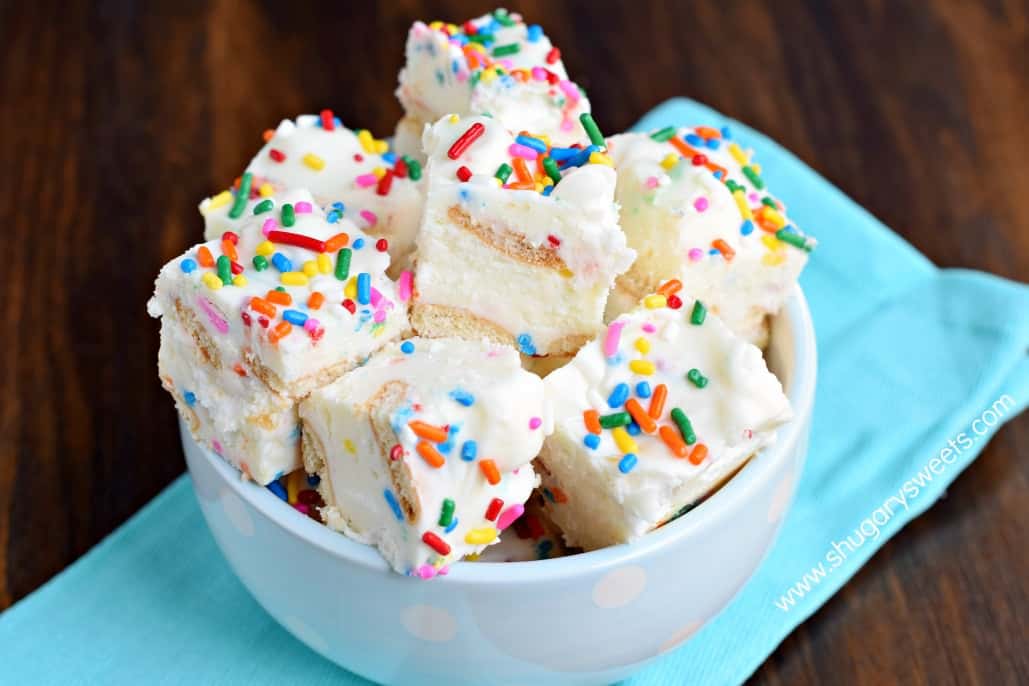 Bowl with teal napkin and birthday cake fudge.