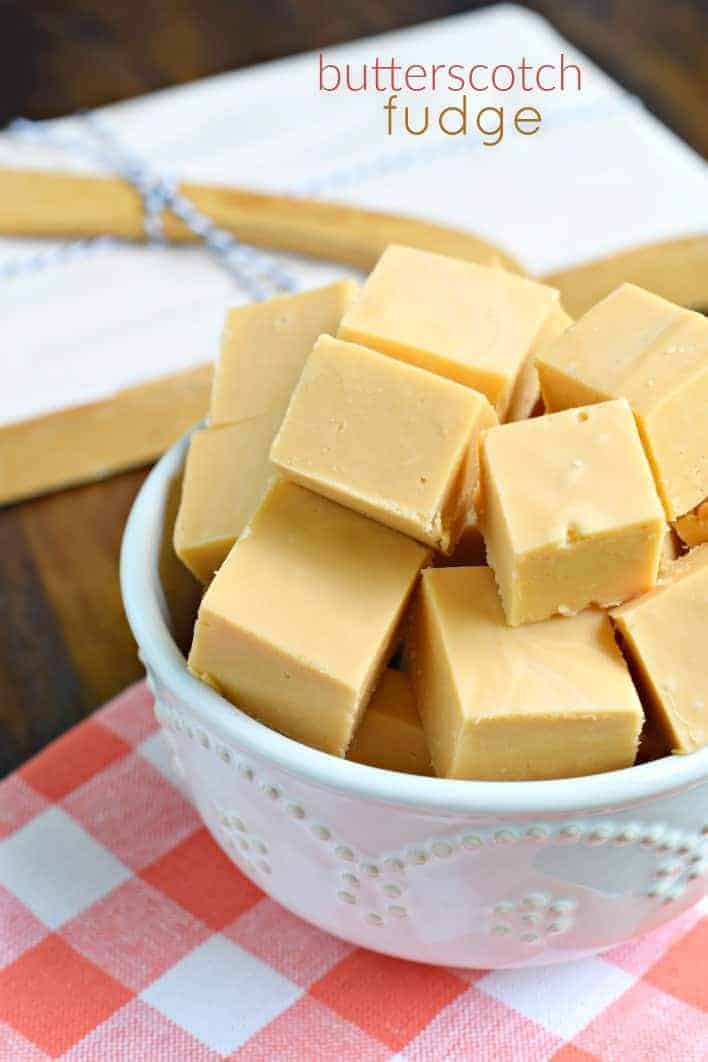 Butterscotch fudge in white bowl.