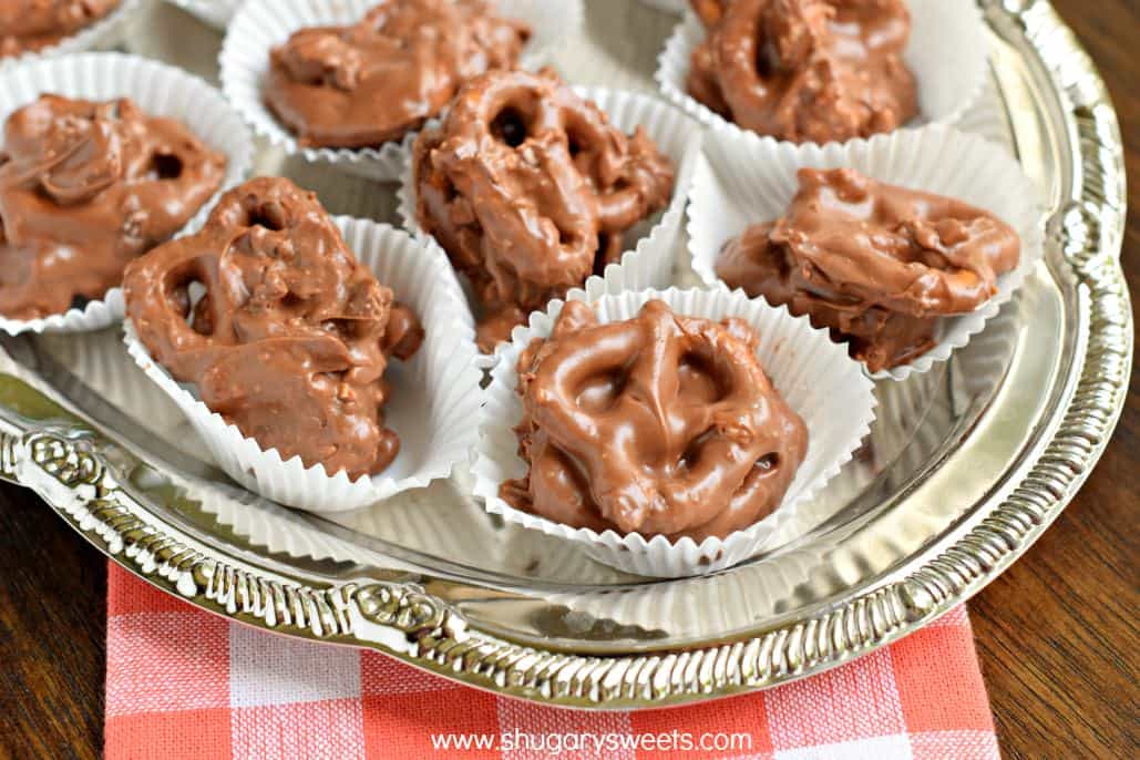 Chubby Hubby Clusters are homemade candy made with just 4 ingredients! Chocolate, peanut butter and pretzels combine for the perfect sweet and salty treat. 