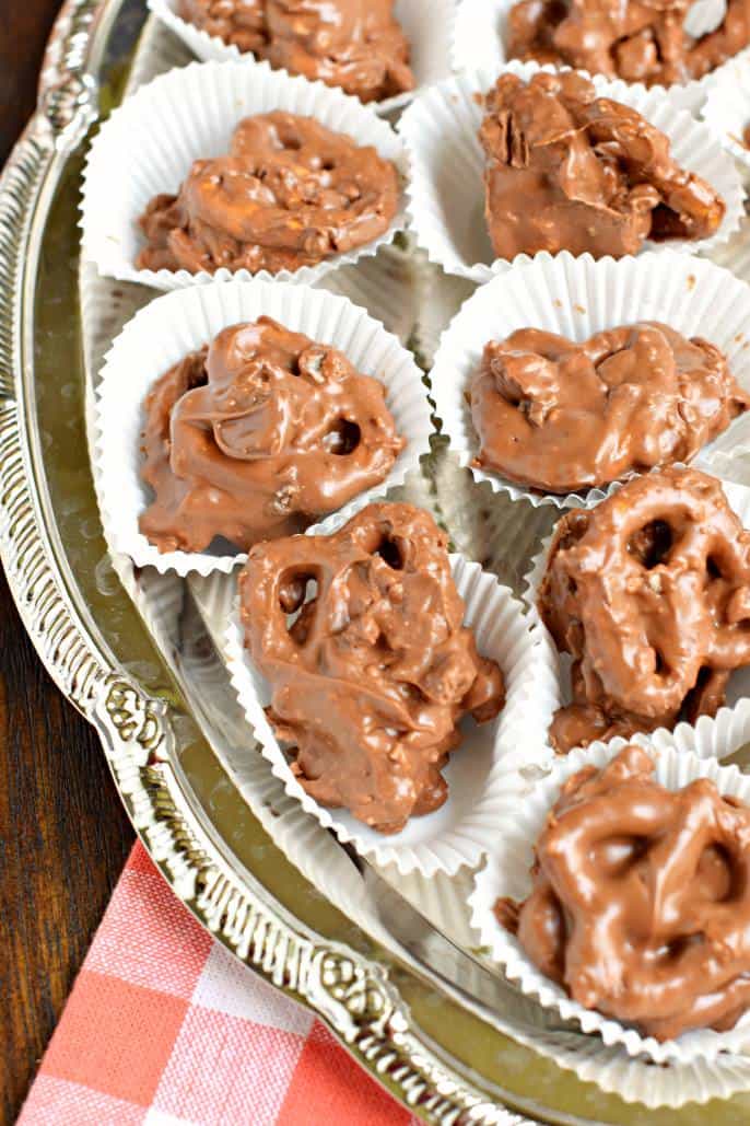 Chocolate pretzel candy in white wrappers.