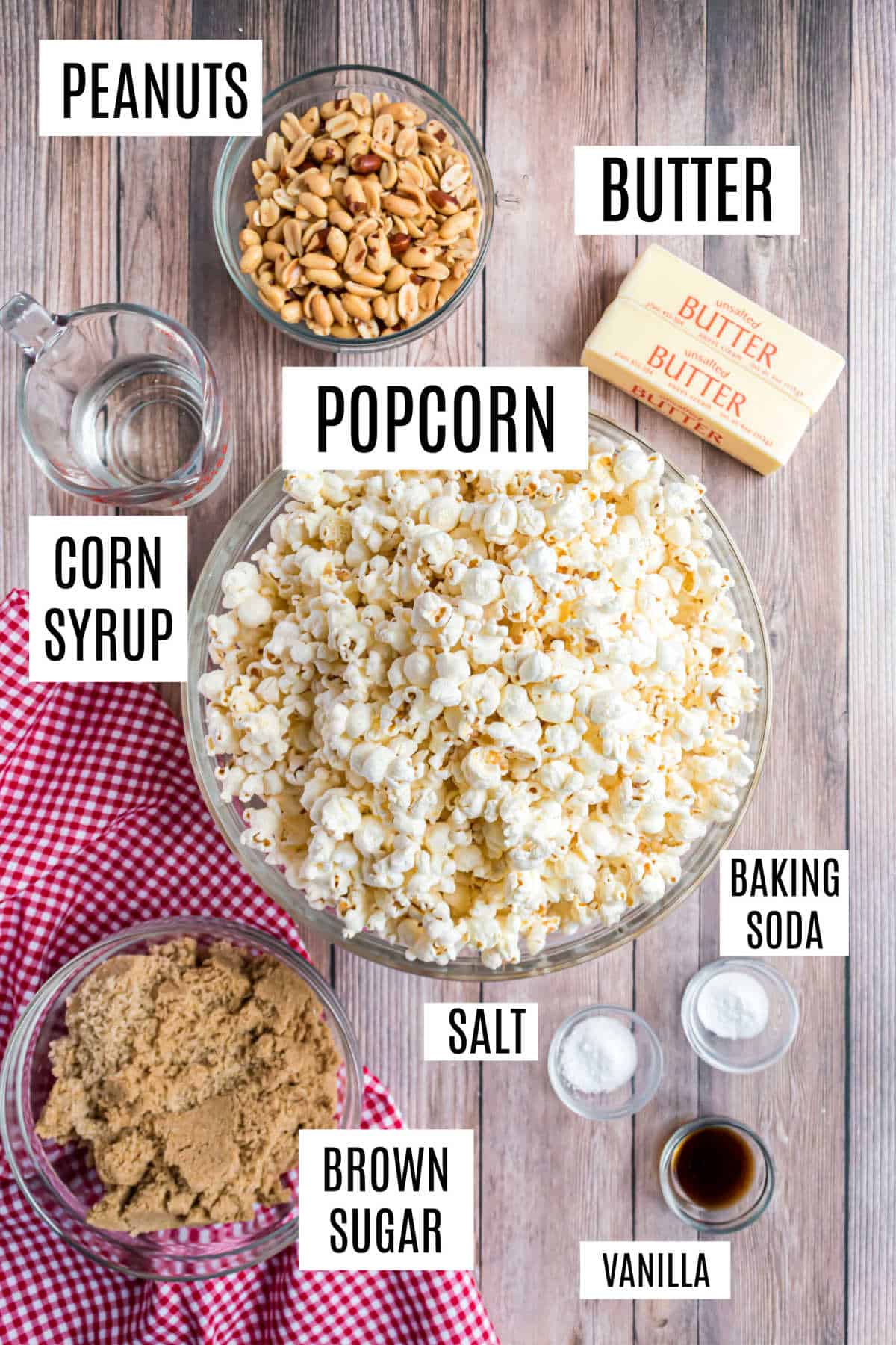 Ingredients needed to make homemade cracker jack.