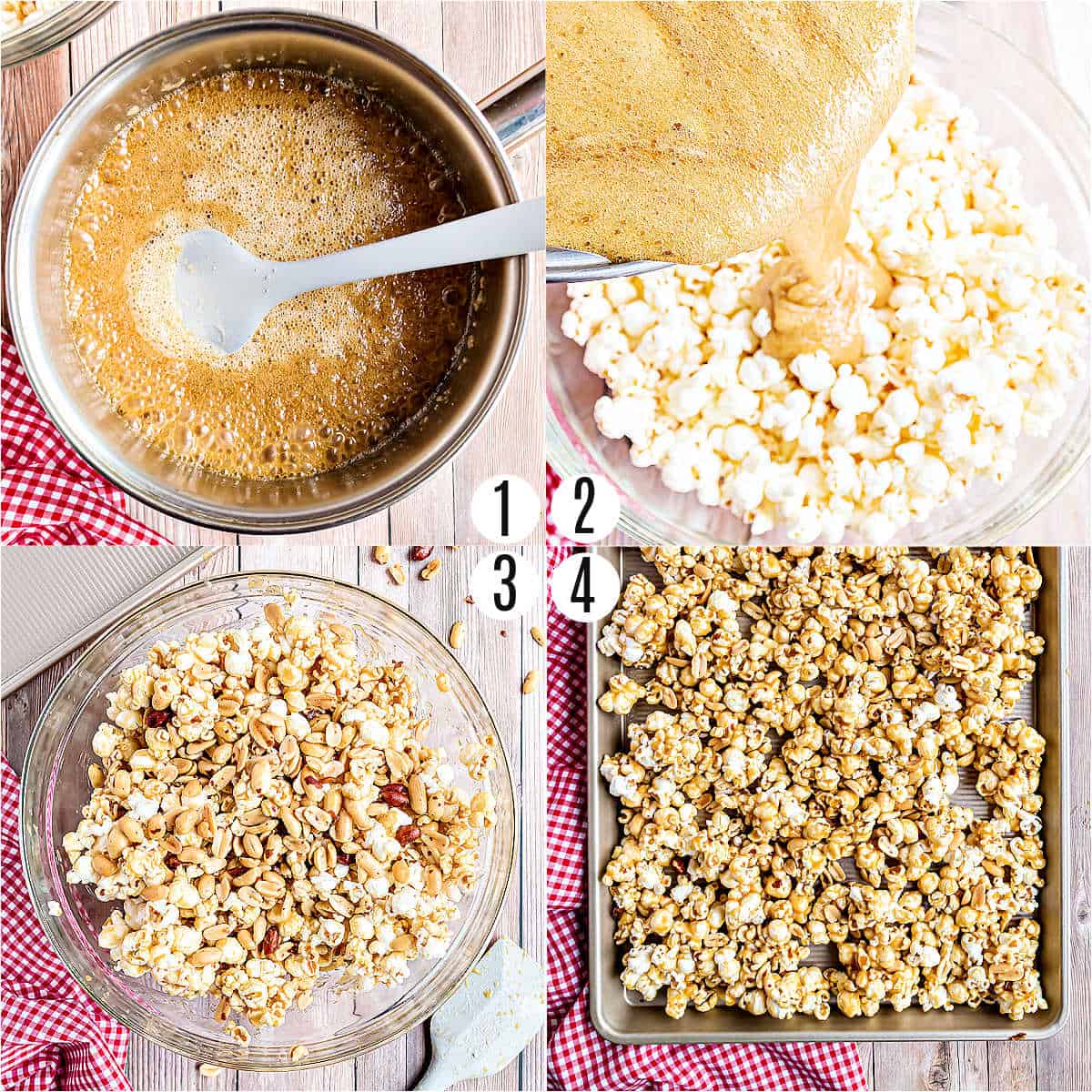 Step by step photos showing how to make cracker jack.