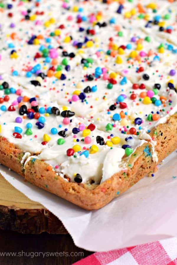 Chewy and butter-rich Cake Batter Blondies are so easy to make! Don't forget to top them with the sweet cake batter frosting too for an over the top dessert!