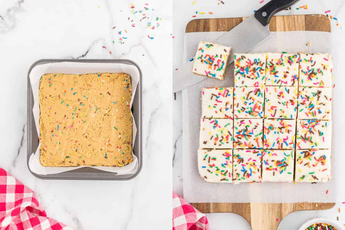 A side-by-side of unbaked and sliced cake batter blondies, sprinkled with colorful funfetti on parchment paper.