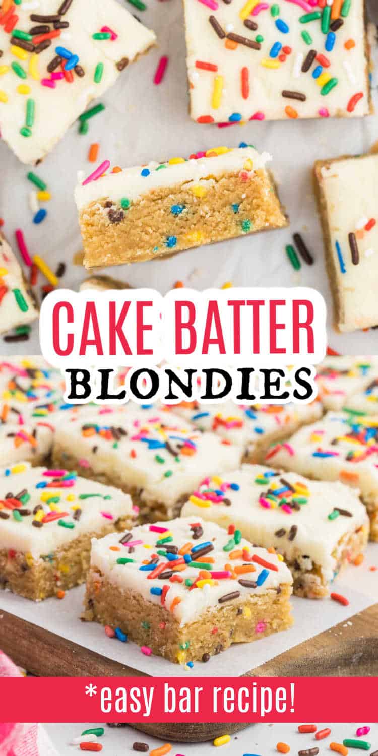 Frosted cake batter blondies with colorful sprinkles, cut into squares on a tray, with text overlay.