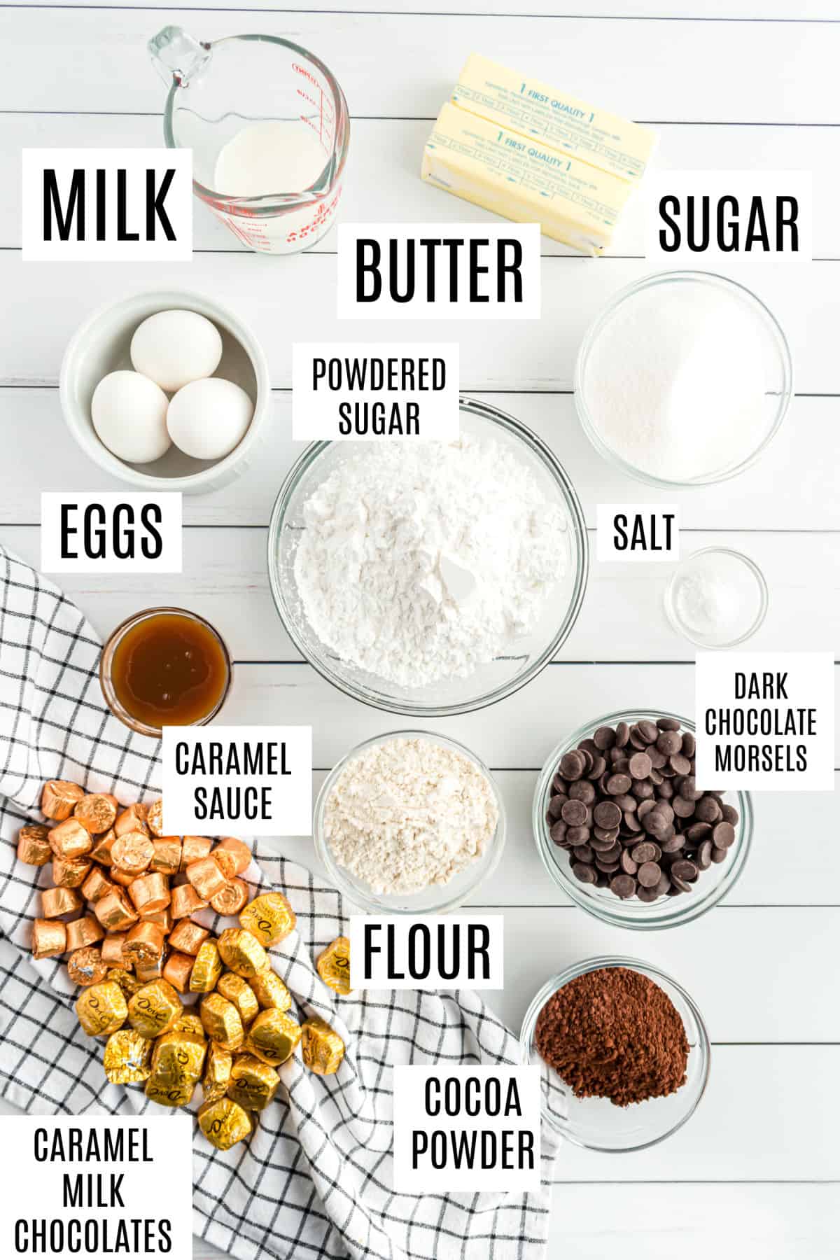Ingredients needed to make chocolate caramel brownie bites.