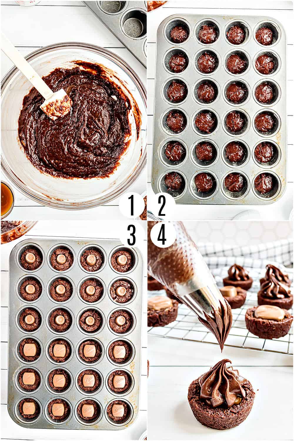 Step by step photos showing how to make chocolate caramel brownie bites.