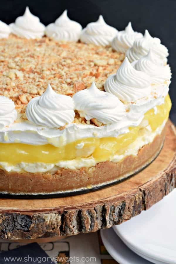 No oven needed with this beautiful, layered NO BAKE Banana Cream Cheesecake! You'll love the cookie crust with the creamy cheesecake, fresh bananas, banana pudding and whipped topping!