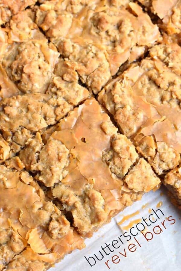 Chewy and sweet, these Butterscotch Revel Bars are a wonderful dessert to make for your next potluck, bake sale or party. They are also a great treat to bake and freeze for school lunches!