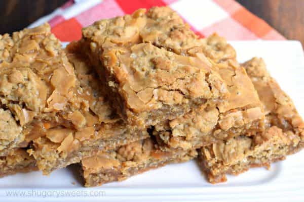 Chewy and sweet, these Butterscotch Revel Bars are a wonderful dessert to make for your next potluck, bake sale or party. They are also a great treat to bake and freeze for school lunches!