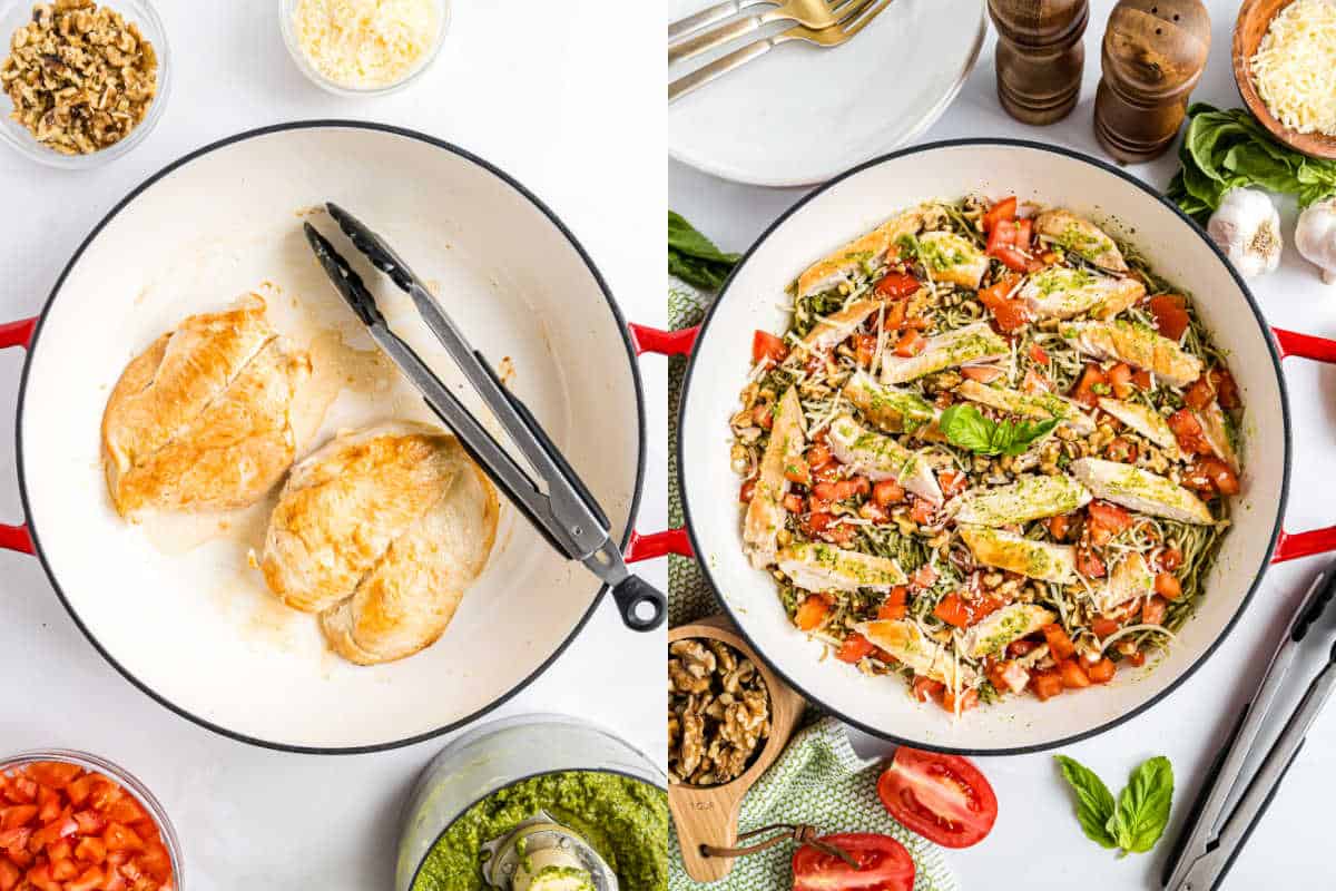 Split image: Left shows cooked chicken breasts in a pan with tongs; right features chicken pesto pasta with tomatoes and basil.