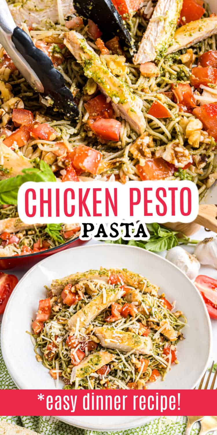Bowl of chicken pesto pasta topped with tomatoes and cheese, with tongs mixing the fresh chicken pesto pasta above.