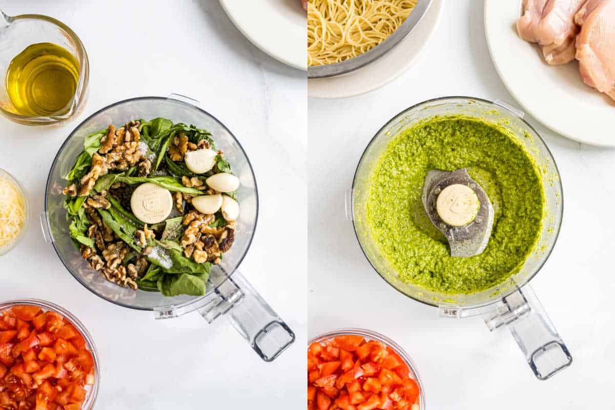 Food processor with pesto ingredients on left; blended green pesto sauce on right, surrounded by other ingredients—perfect for tossing into a delicious chicken pesto pasta dish.