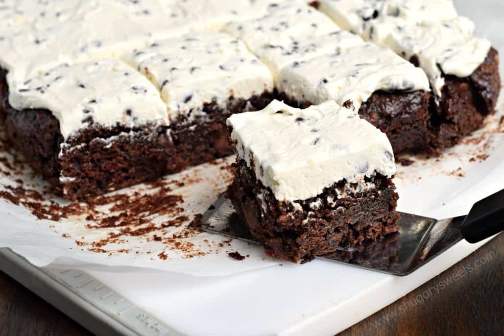 Fudgy Chocolate Chip Zucchini Brownies with Chocolate Chip Frosting