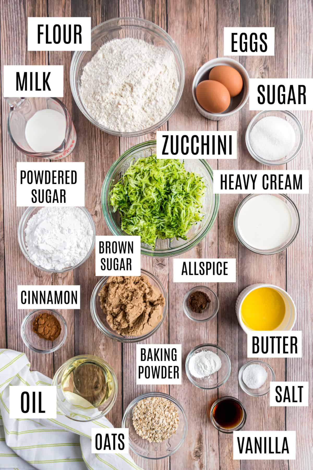 Ingredients needed to make cinnamon glazed zucchini muffins.