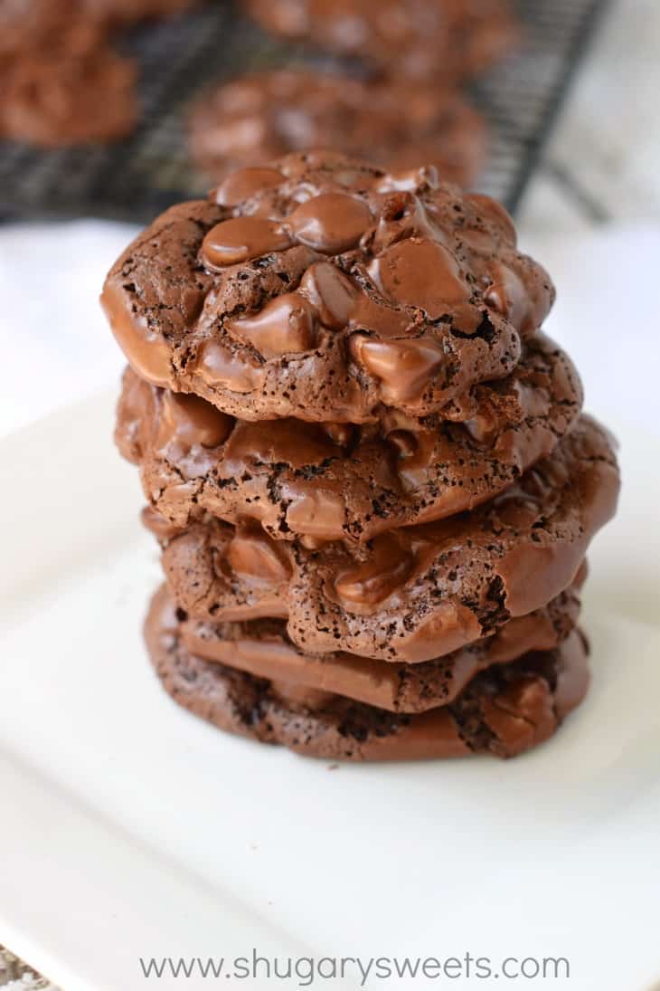 Stack of 5 chocolate flourless cookies.