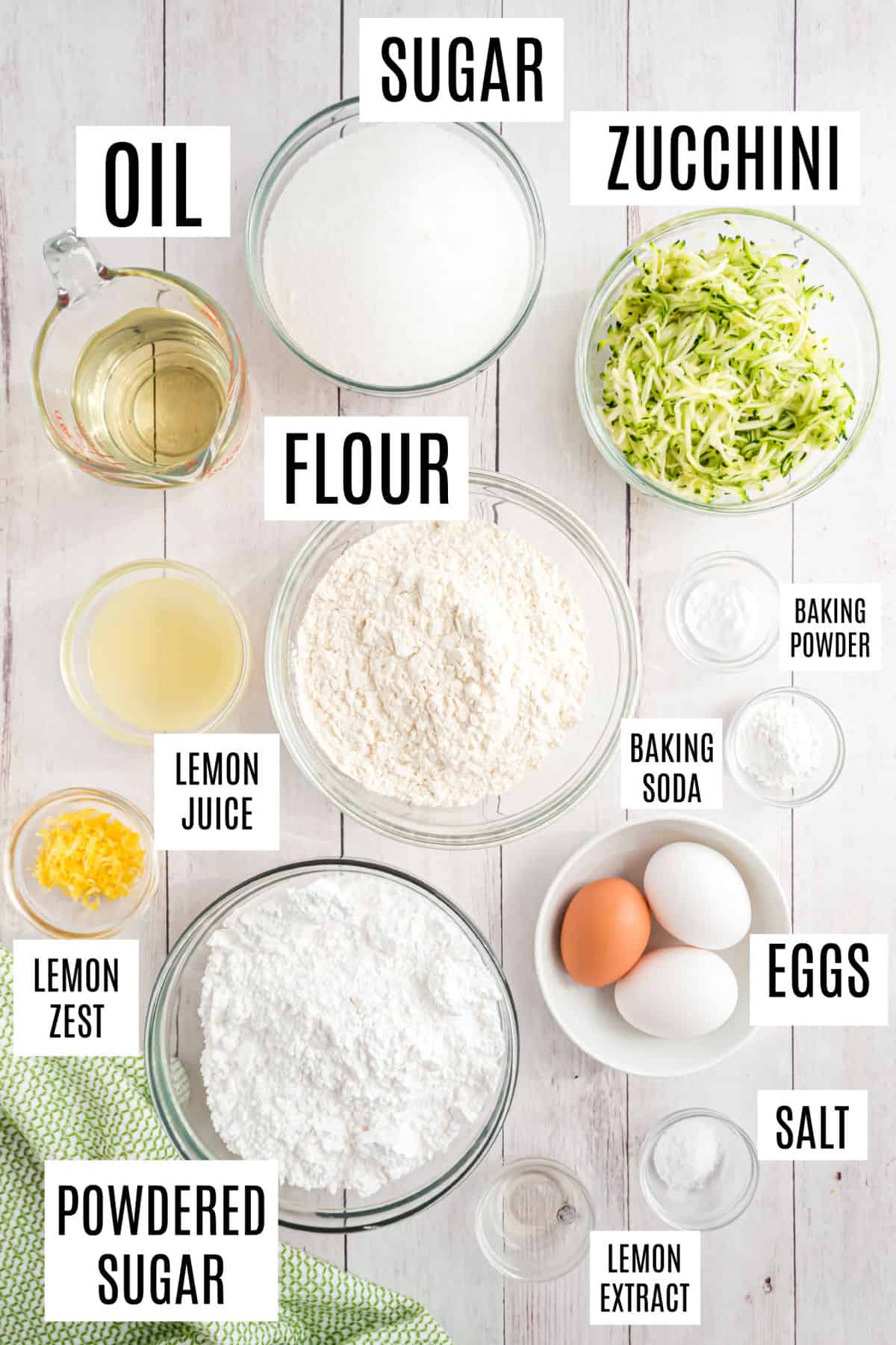 Ingredients needed to make lemon zucchini cake.