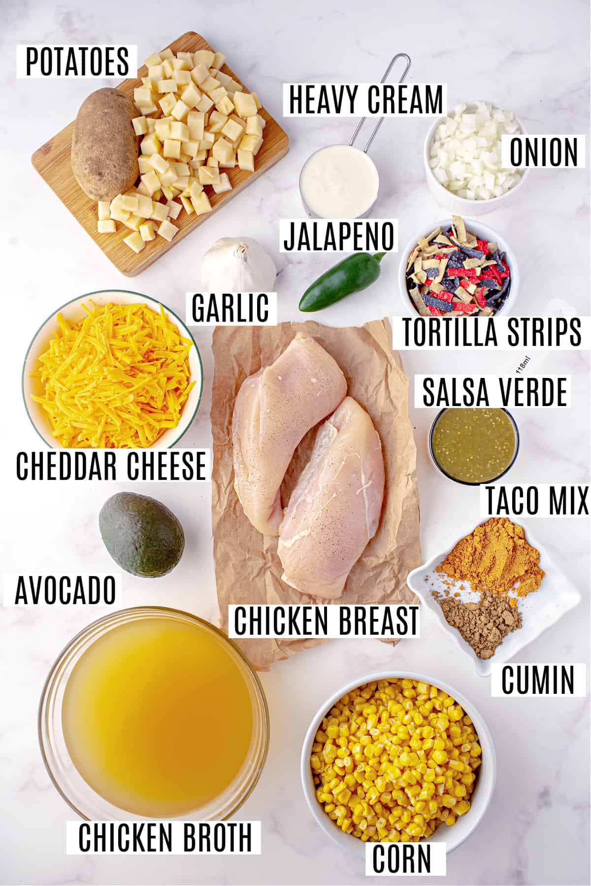Ingredients needed to make chicken chowder.