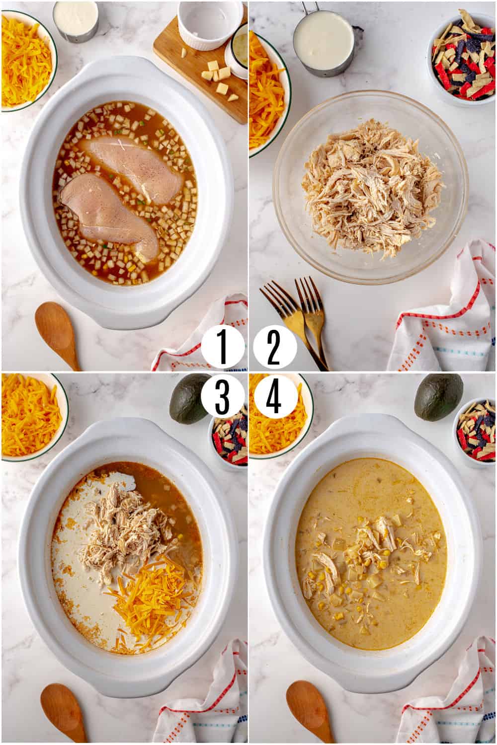 Step by step photos showing how to make chicken corn chowder.