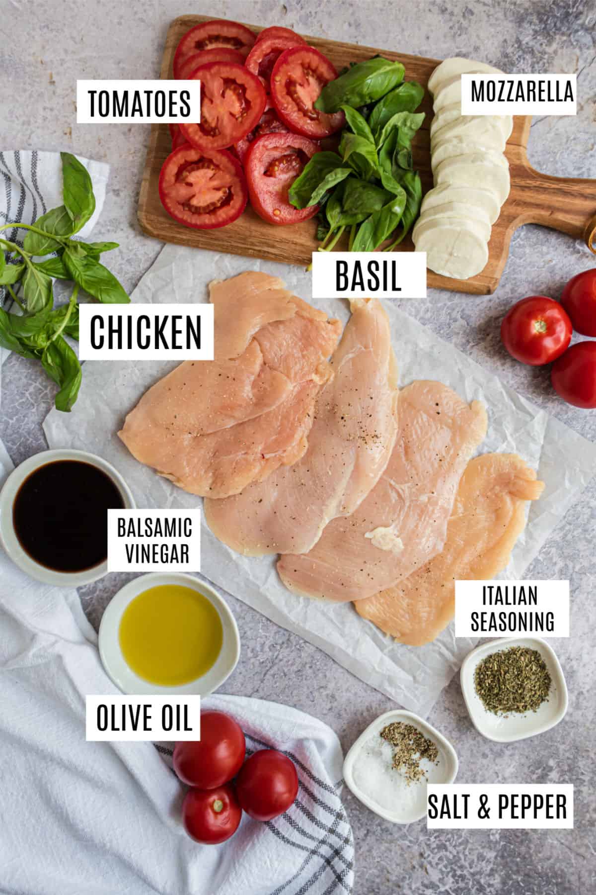 Ingredients needed for chicken caprese skillet recipe.