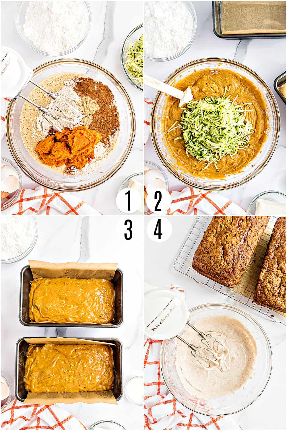 Step by step photos showing how to make pumpkin zucchini bread with cinnamon icing.