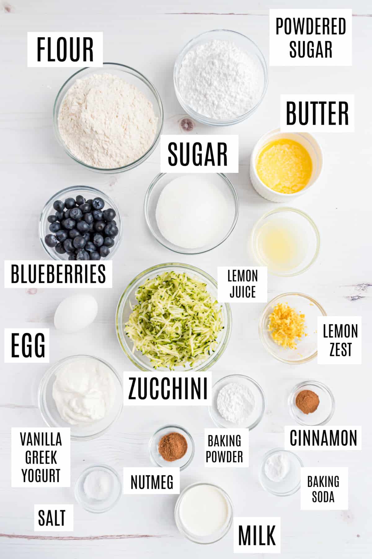Ingredients needed to make blueberry zucchini muffins