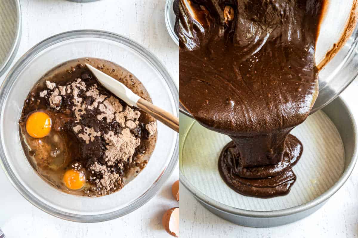 Step by step photos showing how to make brownie layer for cake.