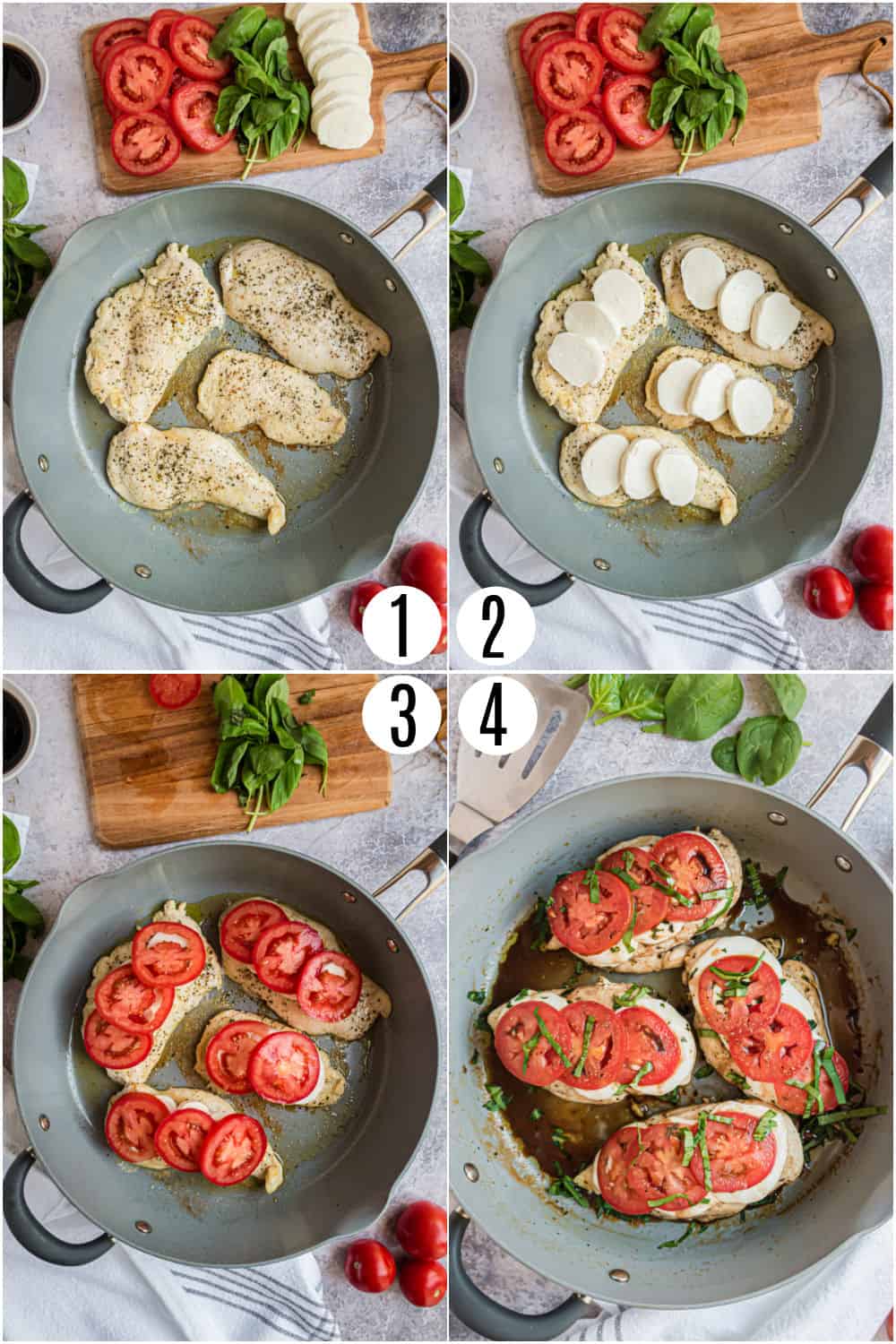 Step by step photos showing how to make chicken caprese in a skillet.