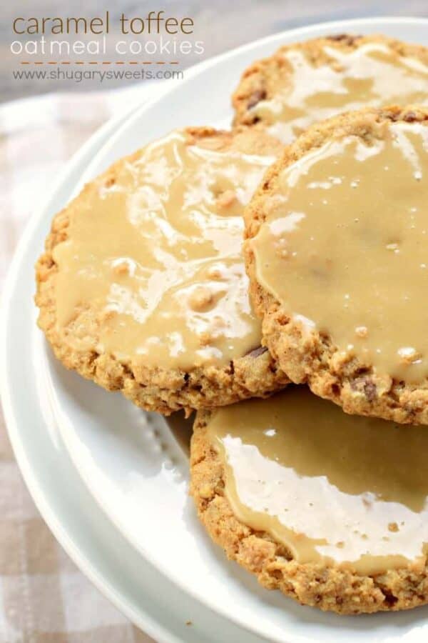 These homestyle Iced Caramel Toffee Oatmeal Cookies are better than anything bought in a store! Bake a batch today and watch them disappear!