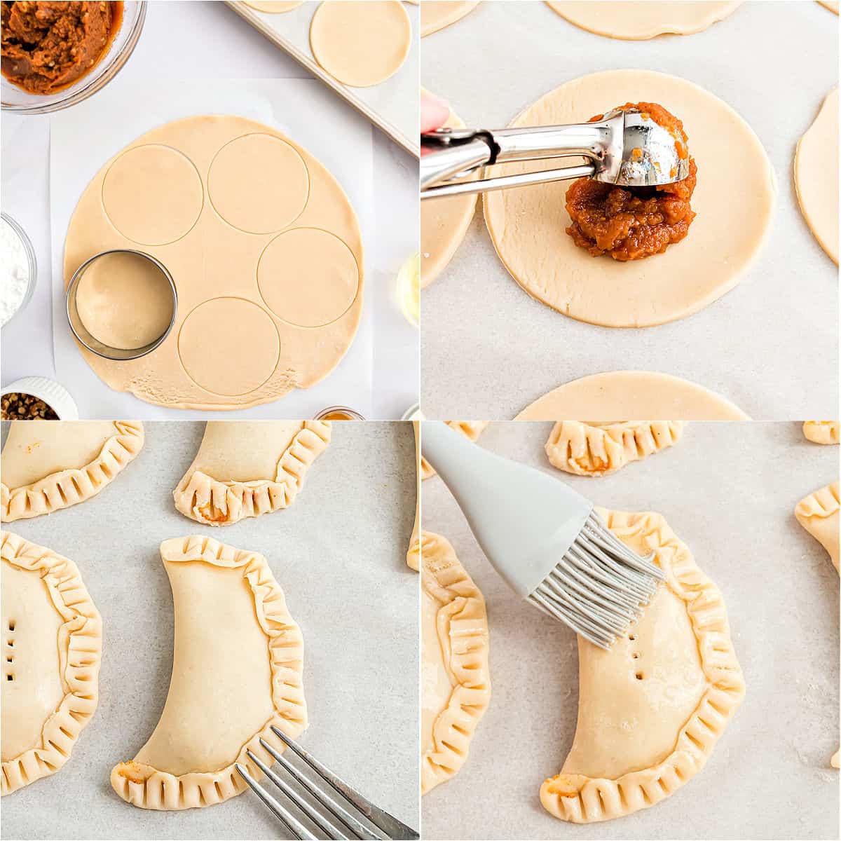 Step by step photos showing how to assemble pumpkin hand pies.
