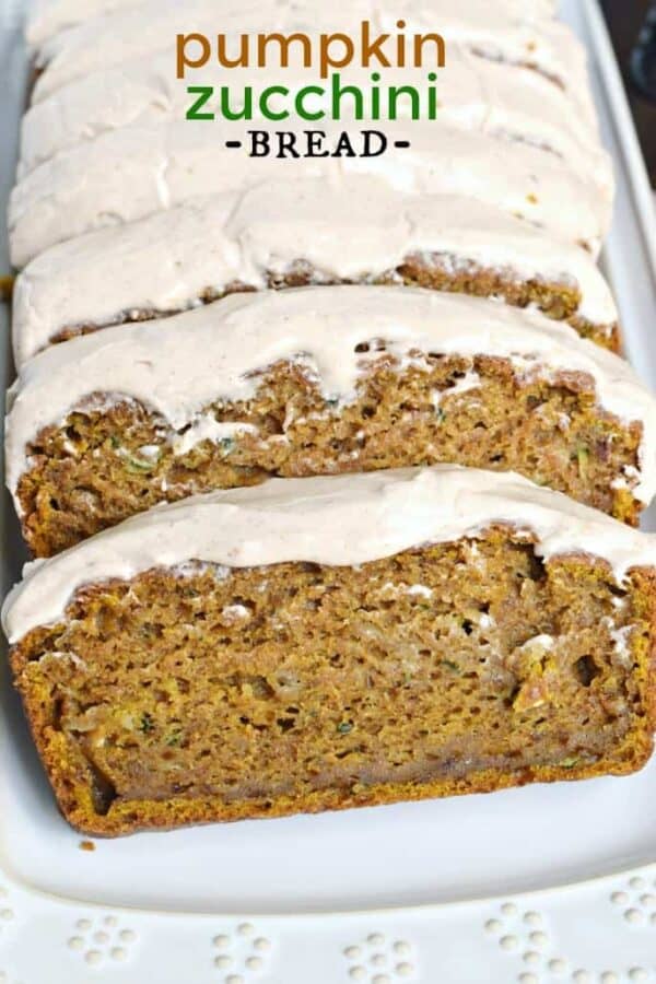 Pumpkin Zucchini Bread is an incredibly moist, flavorful treat topped with a cinnamon cream cheese frosting! Makes TWO freezer friendly loaves!
