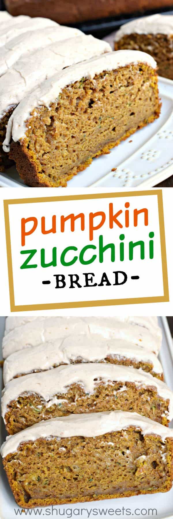 Pumpkin Zucchini Bread is an incredibly moist, flavorful treat topped with a cinnamon cream cheese frosting! Makes TWO freezer friendly loaves!