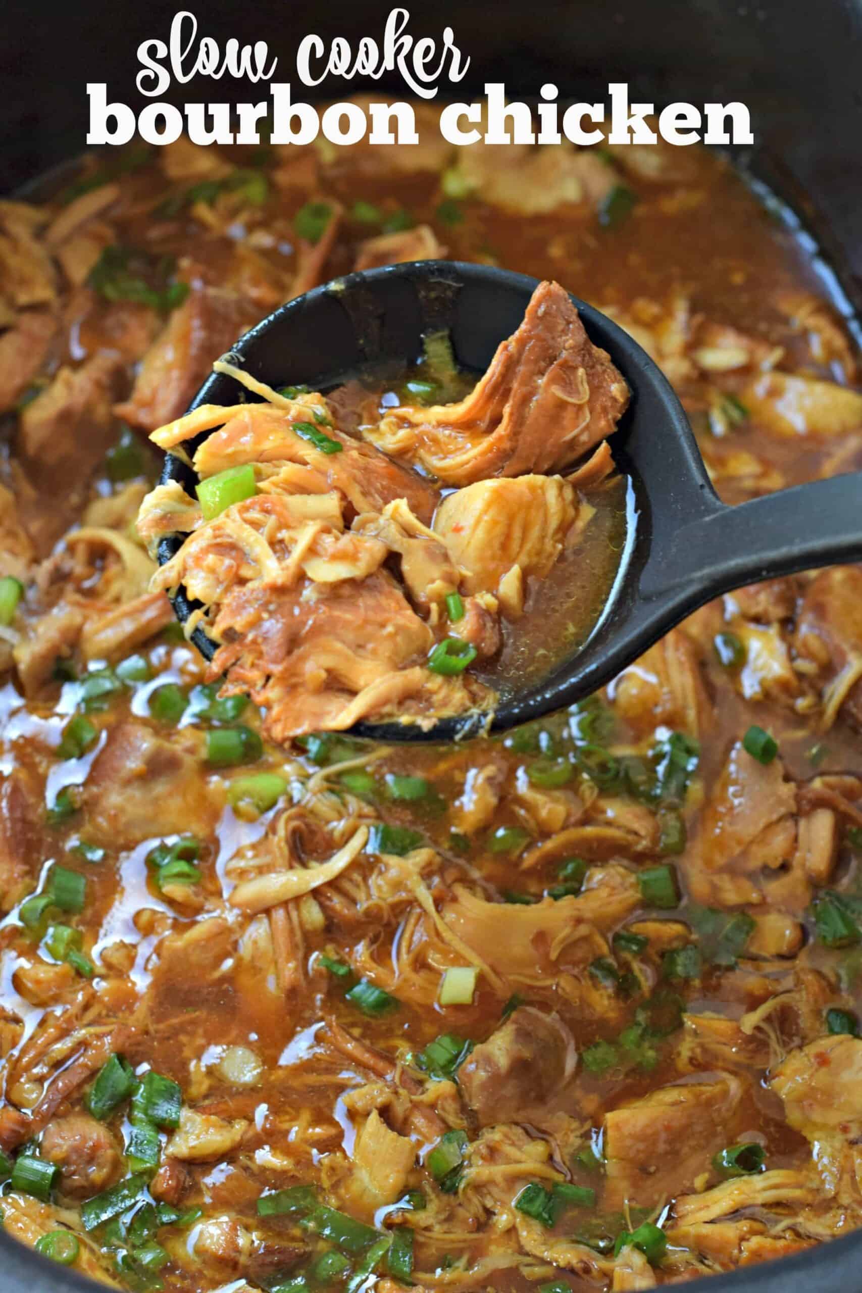 Black ladle spooning bourbon chicken out of the slow cooker.