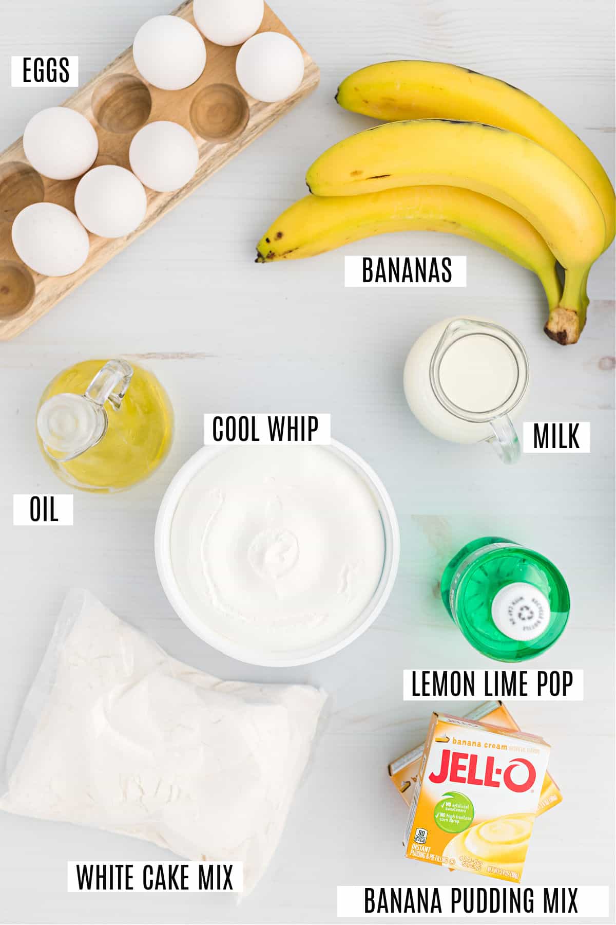 Ingredients needed to make banana pudding cupcakes.