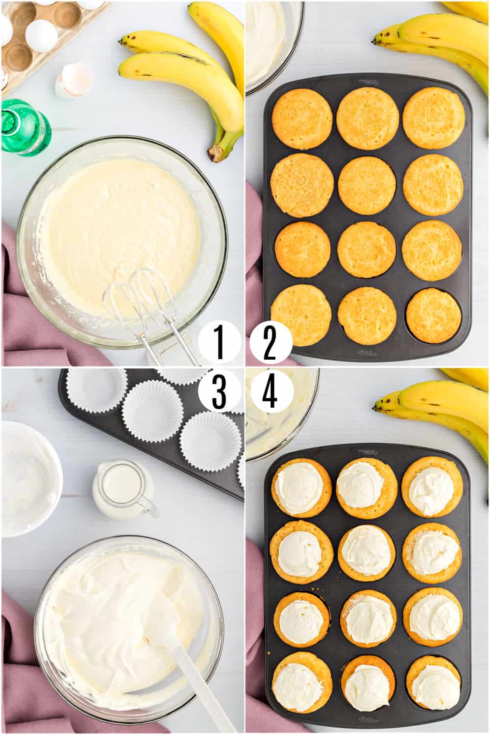 Step by step photos showing how to make banana pudding cupcakes.