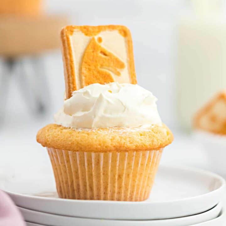 Banana pudding cupcake with chessman cookie garnish.