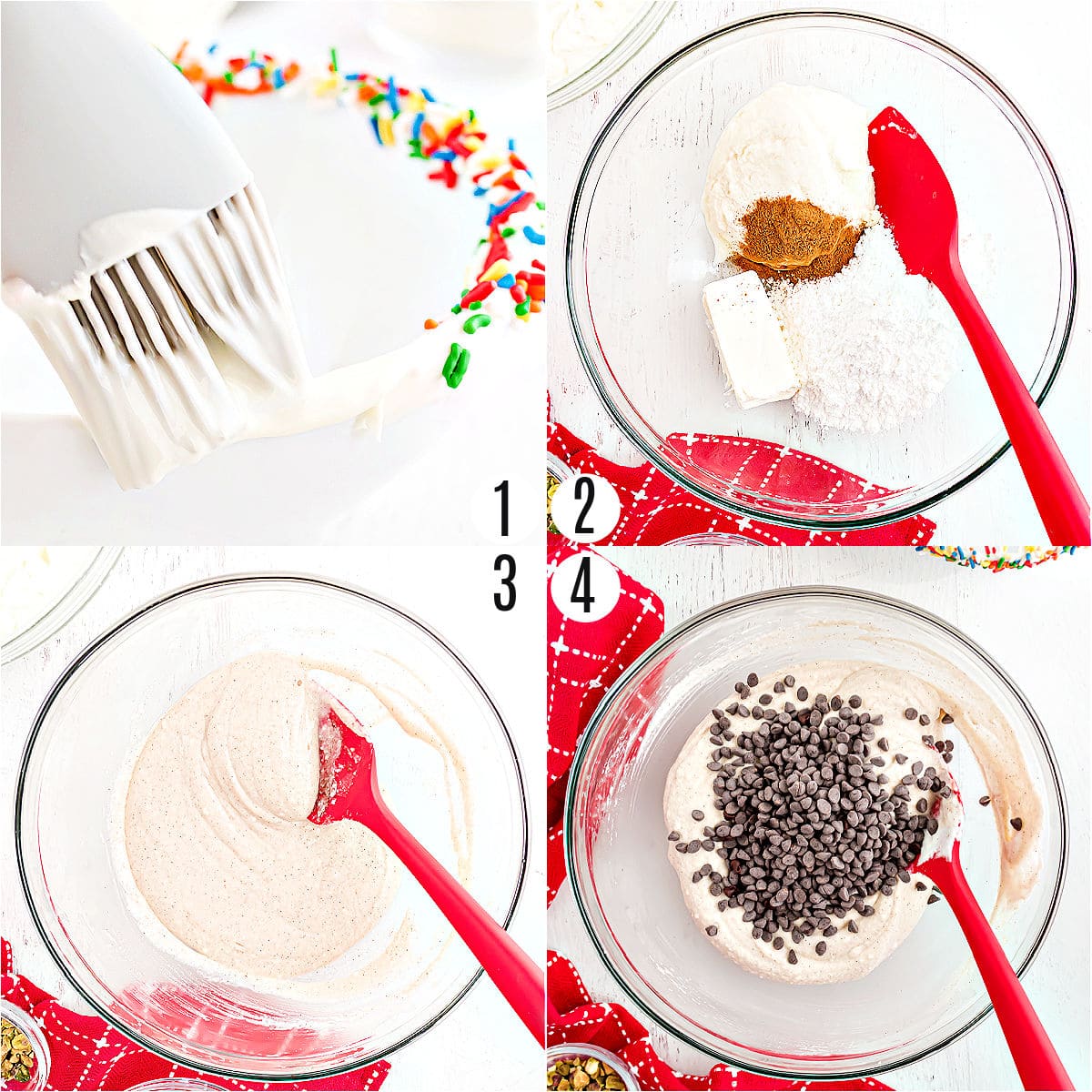 Step by step photos showing how to make cannoli dip.