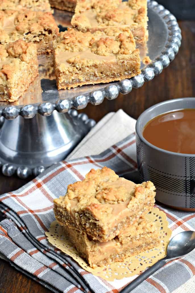 Stack of two peanut butter oatmeal bars with a side of coffee.