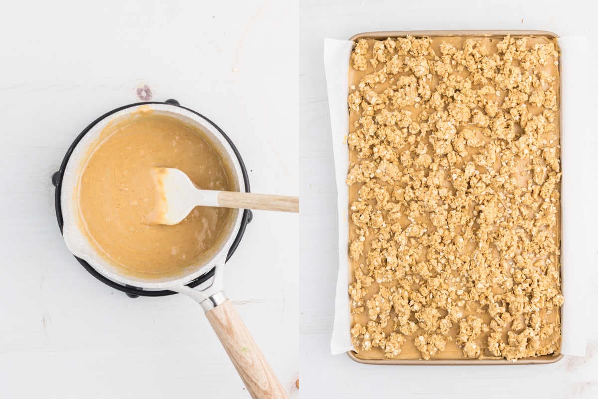 Left: a saucepan with thick, light brown peanut butter revel bars batter. Right: a baking tray topped with a crumbly layer over the peanut butter base.