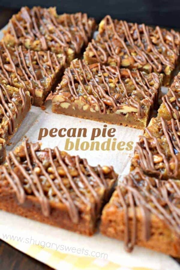 Chewy, nutty Pecan Pie Blondies are the perfect Fall treat! Or bake them all year long!