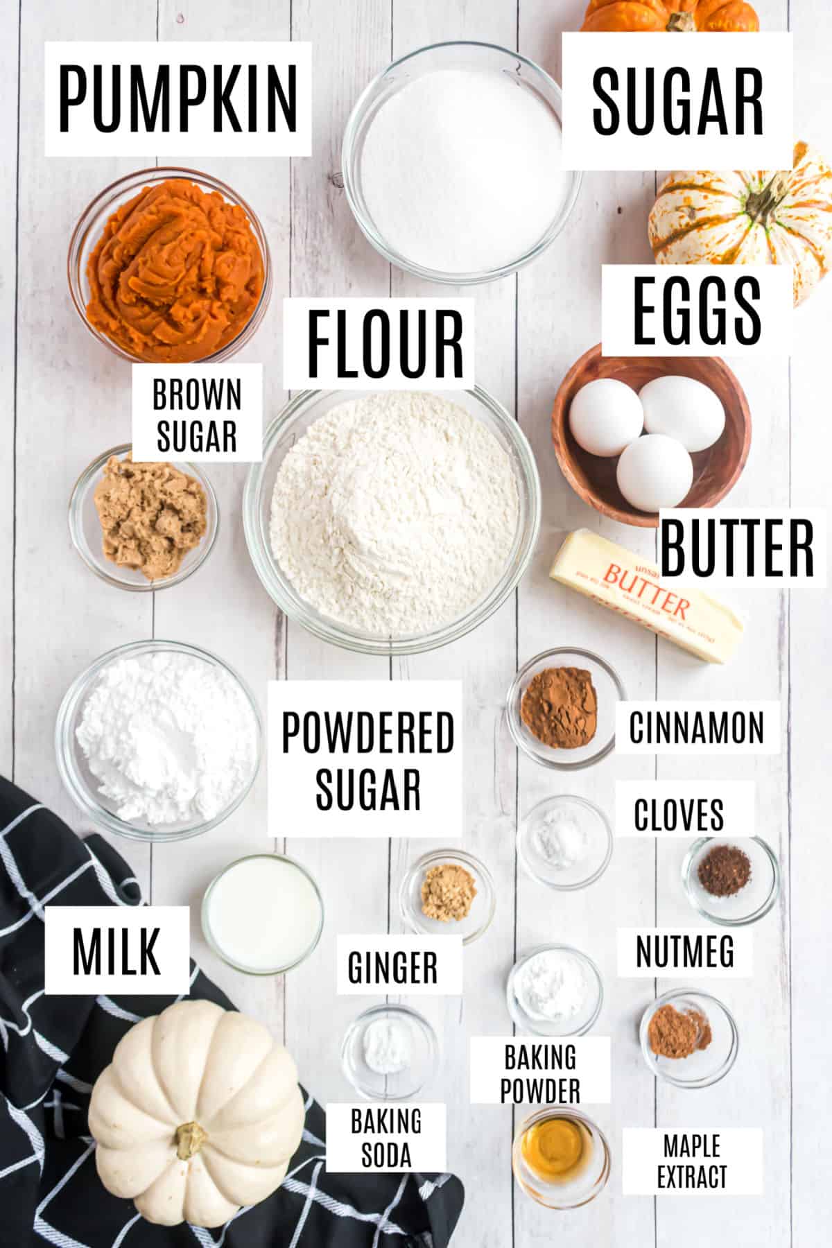 Ingredients needed to make pumpkin streusel coffee cake with a maple icing on top.