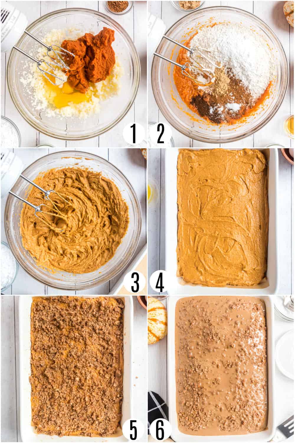 Step by step photos showing how to make pumpkin streusel coffee cake.