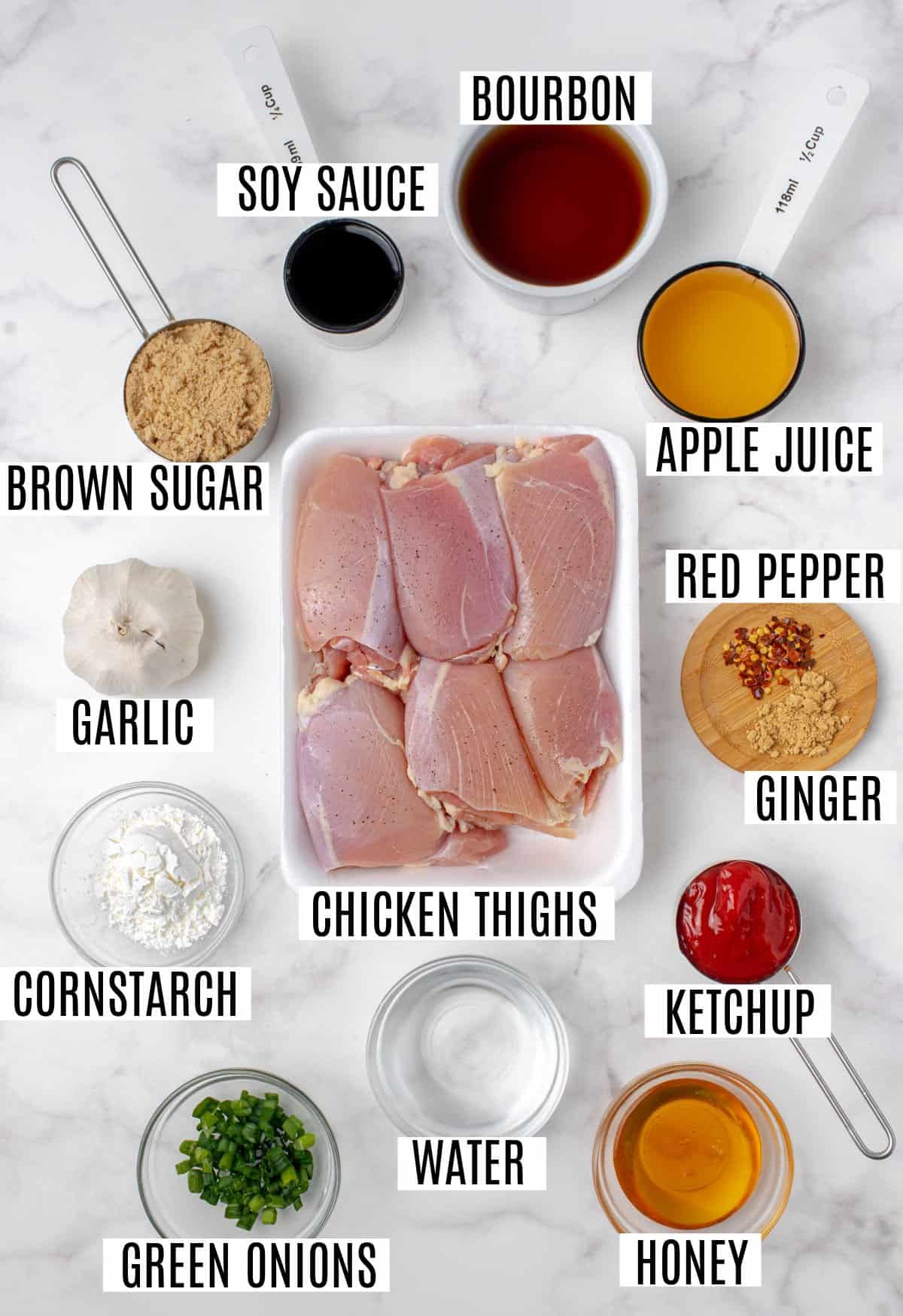 Ingredients needed to make slow cooker bourbon chicken.