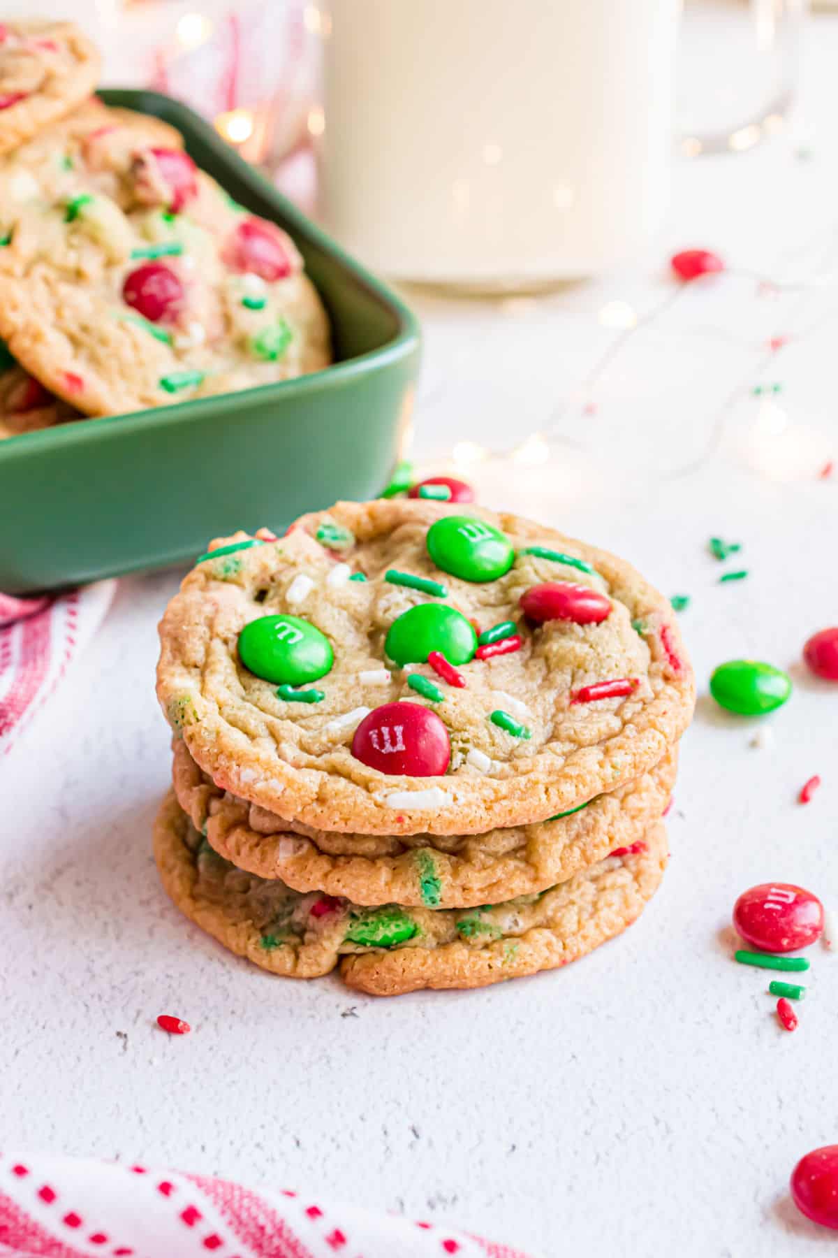 Holiday m&m's cookies stacked.