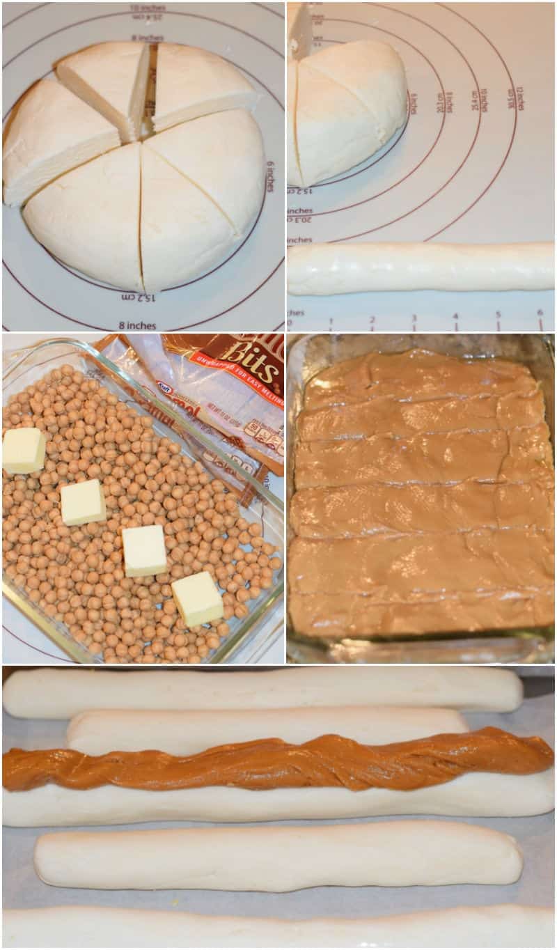 Step by step photos showing how to make salted nut roll candy.