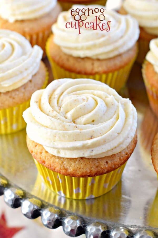 These Eggnog Cupcakes are made from scratch with my favorite spice cake and topped with creamy eggnog frosting. The perfect holiday treat!